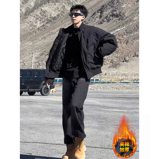 Luyard flight jacket cotton jacket men's winter american vintage thickened baseball jacket silhouette workwear cotton jacket black quilted style xl