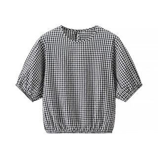 Literary retro plaid short-sleeved shirt for women summer new seersucker top black s s