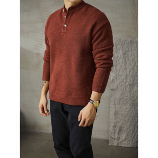 Xiaohongshu's popular burgundy men's light and mature henley collar sweater winter retro style casual versatile pullover rust red m m115-130jin jin is equal to 0.5 kg