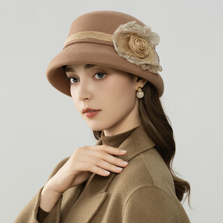 Lanshimengdai 2025 new french retro wool basin hat fashionable flower decoration top hat versatile hat autumn and winter women elegant khaki 56-58cm