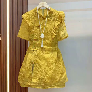 New chinese style national style suit waisted half-sleeved fungus top fat girl short-sleeved shirt skirt shorts two-piece set yellow two-piece set 3xl 3xl suitable for 120-150jin jin equals 0.5 kg