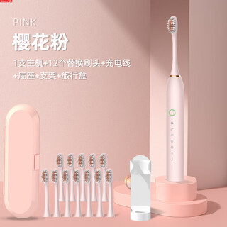 New electric toothbrush rechargeable adult soft-bristled waterproof sonic vibration home couple toothbrush sakura pink base fast charging 12 brush heads + stand + travel box