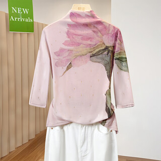 Shechi mesh printed bottoming shirt women's 2025 autumn new half turtle neck floral top long sleeve t-shirt