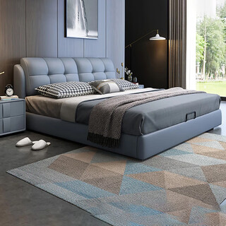 Baiguan global bed leather bed bedroom double bed modern simple master bedroom marriage bed solid wood soft back high box leather bed furniture bed+bedside table*2+latex mattress frame structure 1800mm*2000mm