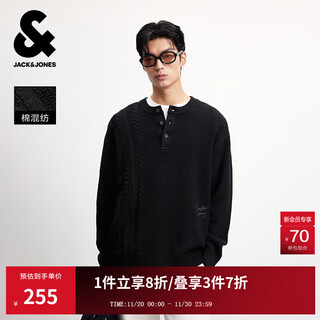 Jack&jones men's 25th autumn and winter sweater men's lazy style loose casual henley collar knitted retro jacquard bottoming shirt e40 black regular pre-sale shipped around november 27th m (175)