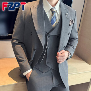 Fzpt light luxury trendy brand suit suit for men 2025 autumn and winter new business casual fashion slim striped double-breasted suit medium gray suit + pants + vest 3xl recommended 150-160jin jin equals 0.5 kg