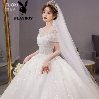 Playboy (playboy) one-shoulder light wedding dress 2025 new style temperament main yarn bride summer french women's arm cover large tail palace style floor-length style + veil bustle official flagship version s