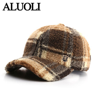 Winter hat women's warm lamb wool baseball cap men's peaked cap fashion trendy brand plaid sun hat brown adjustable (54-60cm)