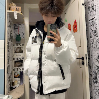Zitao american retro plaid splicing down cotton coat men's winter loose lazy style student stand collar warm cotton coat white m