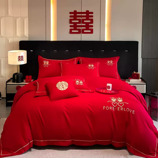 Yusen yi mao ren chinese wedding four-piece set wedding room wedding quilt bright red wedding sheets quilt cover high-end wedding bedding sweet and sweet (soft and comfortable chinese embroidery) 18m bed (fitted sheet four-piece set) suitable for 200x230cm quilt core