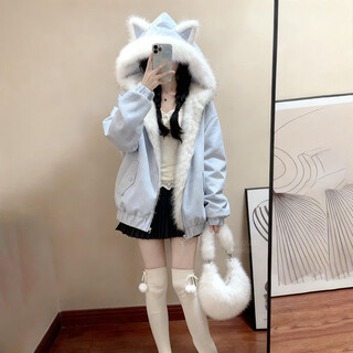 Beate lesch cute girl blue cat ears fur collar hooded reversible cotton jacket women's winter new loose warm jacket blue reversible cotton jacket s _ 80jin jin is equal to 0.5kg -100jin jin is equal to 0.5kg