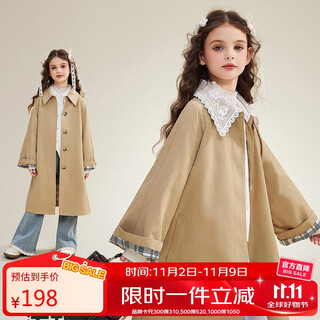 ASK JUNIOR儿童外套2025秋季中大童翻领复古风衣女童拼接蕾丝大衣