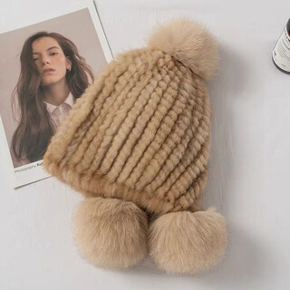 New mink fur women's hat winter mink knitted women's fox fur ball warm ear protection thickened winter hat light brown color
