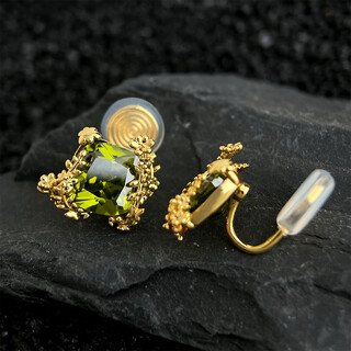 Olive green zircon flower earrings thickly plated 18k real gold s925 silver original light luxury french vine ear clip ear clip style