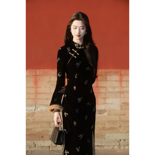 Jialong mingxiu 2025 new chinese style velvet cheongsam women's autumn embroidered waist long skirt velvet cheongsam xl