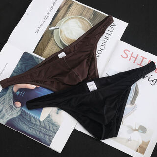 New ice silk underwear men's triangle thong low waist fashionable solid color sexy men's summer underwear thin section 2 pack coffee + black m