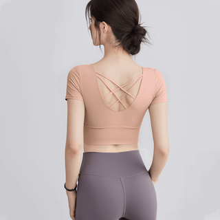 Voj yoga wear women's new style short-sleeved sports fitness pilates training wear with breast pads women's tops and beautiful back set water pink ultra-stable fixed cup s recommended weight 95jin jin is equal to within 0.5kg
