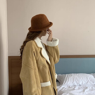 Zhenxi curled edge winter hat women's wool fisherman hat autumn and winter new high-end warm and face-showing small top hat dome hat brown caramel (including wool)