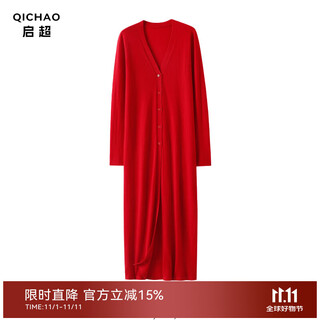 Qichao worsted 100% cashmere cardigan for women 2025 autumn and winter long pure cashmere dress knitted jacket blouse red s