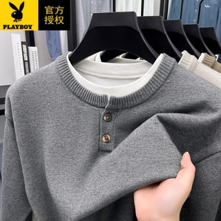 Playboy (playboy) heavy duty fake two-piece sweater men's fall 2025 american retro sweater thickened warm henley collar sweater jacket gray l (170)