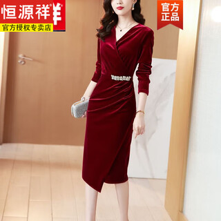 Hengyuanxiang autumn gold velvet dress women's long sleeve 2024 new burgundy dress grandma's wedding banquet velvet bag burgundy 2xl 130-150jin jin is equal to 0.5 kg