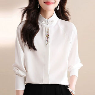 Chinese style national style embroidered top spring and autumn new fashion western style shirt large size stand collar plate button hanfu long-sleeved shirt long-sleeved shirt zs-567* white l (105-120jin jin equals 0.5 kg)