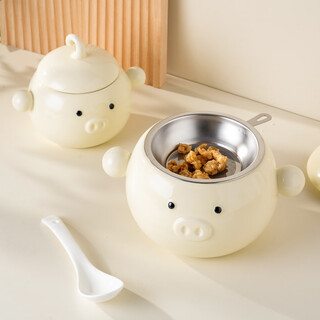 Onlycook ceramic lard jar with lid filter food grade storage jar household high temperature resistant chili red oil seasoning jar small size approximately holds 1.2jin jin is equal to 0.5kg free spoon cute pig ceramic lard jar