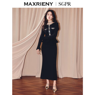 MAXRIENY【商场同款】千金小香连衣裙25冬收腰修身鱼尾小黑裙 黑色 L