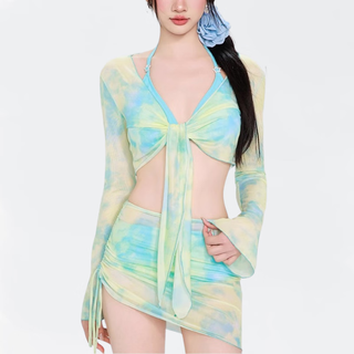 Bai qixin bikini swimsuit for women in hot springs, high-end four-piece set, small fresh and sexy split beach vacation swimsuit, bikini four-piece set, tie-dye green 80-120jin jin equals 0.5 kg