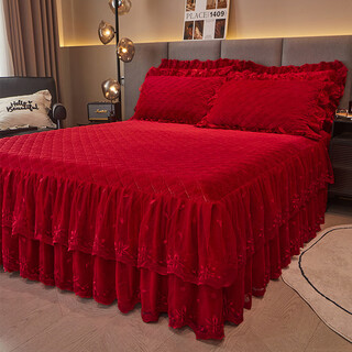 Fantasy thickened high-end baby velvet quilted bed skirt single piece red high-end lace autumn and winter shengshi landai-big red high-end baby velvet thickened and warm 150cmx200cm single piece bed skirt
