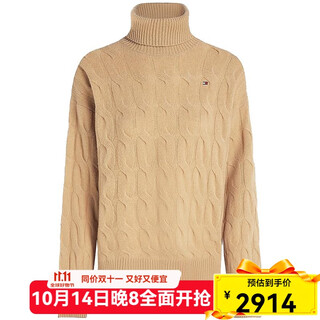 Tommy hilfiger women's sweater warm and comfortable cotton turtleneck autumn and winter daily knitted simple camel one size |