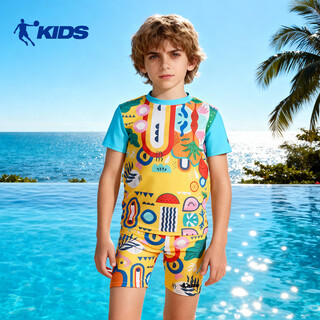 Jordan (qiaodan) children's split boxer swimsuit, boys' sun protection swimsuit, professional training hot spring printed quick-drying swimsuit, yellow 120, height 95-105cm, weight 23-30jin jin equals 0.5 kg