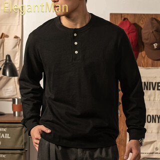 Elegantman american retro henry shirt men's cotton bottoming shirt 280g heavyweight long-sleeved henry collar t-shirt henry shirt black s