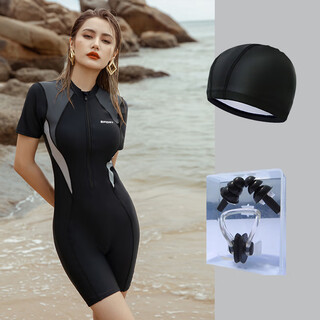 Antcity 202025 swimsuit women's one-piece large size fat mm flesh-covering racing five-point pants swimming pool special swimsuit black gray + cloth cap + nose clip earplugs m (85-100jin jin is equal to 0.5 kg)