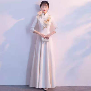 Hanqi etiquette cheongsam long-sleeved chinese style blue and white porcelain welcome etiquette lady costume autumn performance costume cheongsam chinese style standing white 7-quarter sleeves l