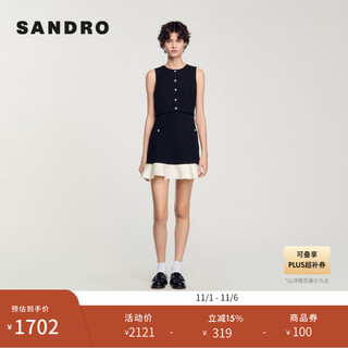 Sandro2025 autumn and winter women's french style fashionable black and white contrast ruffled sleeveless tweed dress black m