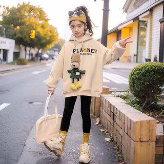 Girls sweatshirt spring and autumn 2024 new style for children, girls, big children, autumn and winter velvet tops, fashionable children's clothing for girls, korean version, off-white spring and autumn style, 110, 120 sizes, recommended around 110cm, this size does not come with a hood string