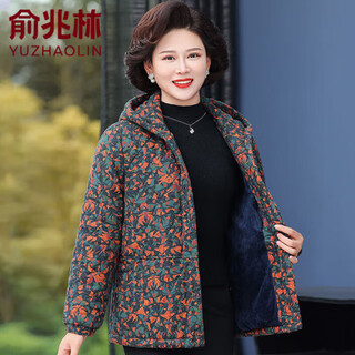 Yu zhaolin (yuzhaolin) yu zhaolin mother's outfit cotton plus velvet cotton coat hooded middle-aged and elderly women's clothing autumn and winter loose grandma floral cotton blue 3xl recommended 145-160jin jin equals 0.5 kg