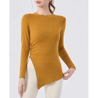 Nude long-sleeved butt-covering yoga wear blouse for women with side slits, loose casual sports pilates fitness top, bright yellow l
