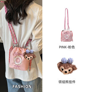 Mobile phone small shoulder bag for women cross-body 2025 new mini small bag korean canvas bag bucket bag summer mobile phone bag pink bow tie bear pendant