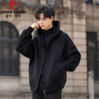 皮尔卡丹（pierre cardin）连帽双面羊毛呢子夹克男外套秋冬季高端羊毛男士短款宽松毛呢上衣 炭黑 【高端羊毛】 M (135斤以下)