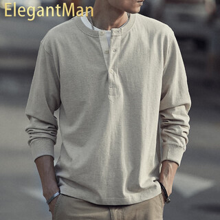 Elegantman ami khaki retro heavy cotton door tube collar seamless tough guy henry shirt collar long-sleeved men's t-shirt bottoming shirt winter sand gray s