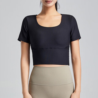 Yoga wear with chest pad for women summer pilates training fitness top suit sports short-sleeved t-shirt black s