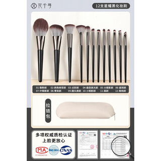 Makeup brush set, eye shadow brush, blade brush, loose powder, blush, contouring lip brush, nose shadow brush, complete set of portable brushes for beginners, star black makeup brush + upgraded zipper bag, 12 pieces