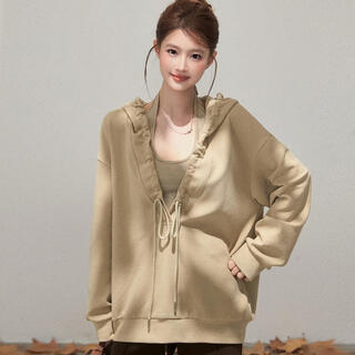 Xiaohongshu hot style hooded autumn loose drawstring sweatshirt striped halterneck two-piece set for women 2025 autumn and winter single khaki sweatshirt l (recommended 101-120jin jin equals 0.5kg) - shipped within 5 days