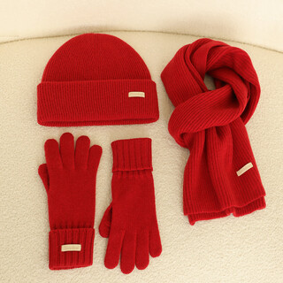 Siggi pure wool scarf hat gloves three-piece set autumn and winter girls thickened warm birthday christmas new year red gift box