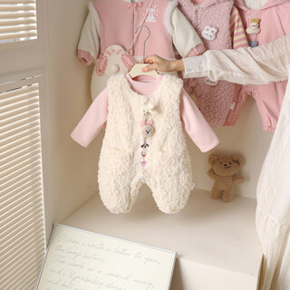 Musselson girls suit autumn and winter clothes 2025 new children's overalls winter baby clothes baby plus velvet two-piece set beige 80cm