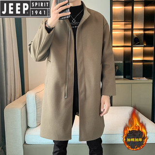 Jeep spirit autumn and winter zipper design stand-up collar woolen windbreaker men's mid-length thickened casual woolen coat trendy coffee and cotton 2xl