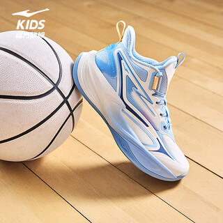 Hongxing erke (erke) children's shoes for boys and girls, dense tennis shoes, children's cushioning strap basketball shoes, microcrystalline white/light oxygen blue 35