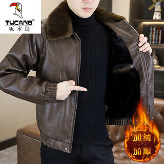 Woodpecker 2025 autumn and winter new men's motorcycle leather jacket fur integrated thickened warm leather jacket for men 12. coffee color - fur integrated l 90-105jin jin equals 0.5 kg